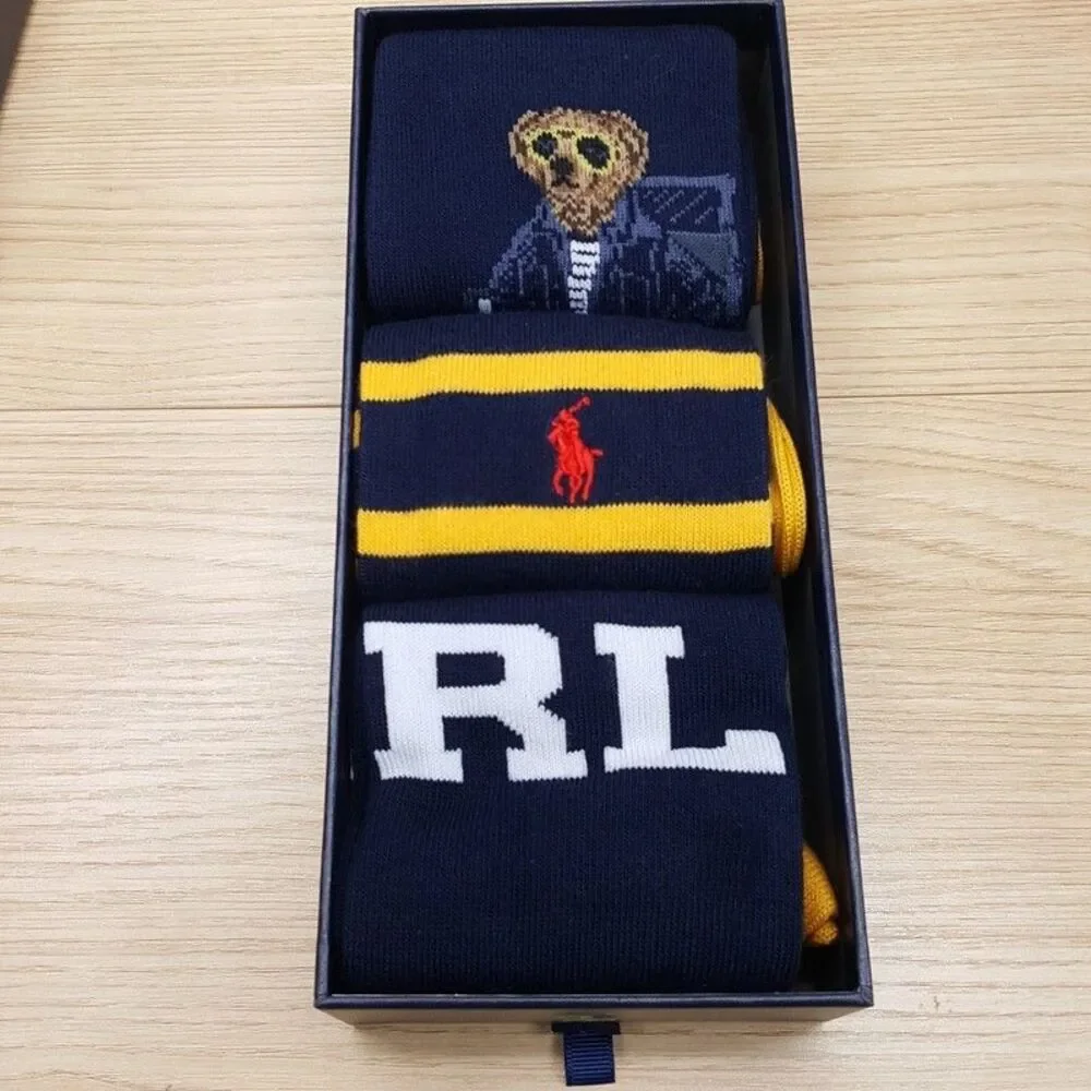 POLO RALPH LAUREN Crew Dress Socks Mens Navy Polo Bear Stripe Logo Gift Box